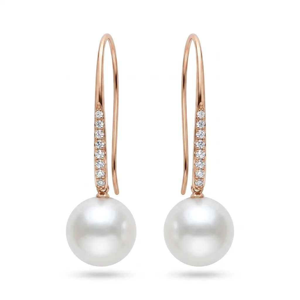 Oval Long Hook Earrings in 18ct Rose Gold, Broome Pearl & Diamonds