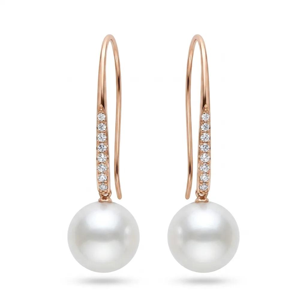 Oval Long Hook Earrings in 18ct Rose Gold, Broome Pearl & Diamonds