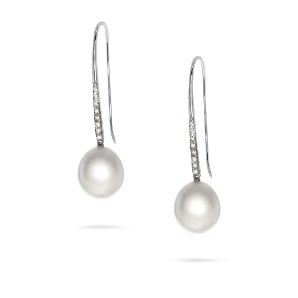 Long Drop Earrings in 18ct White Gold with Diamond & Broome Pearl