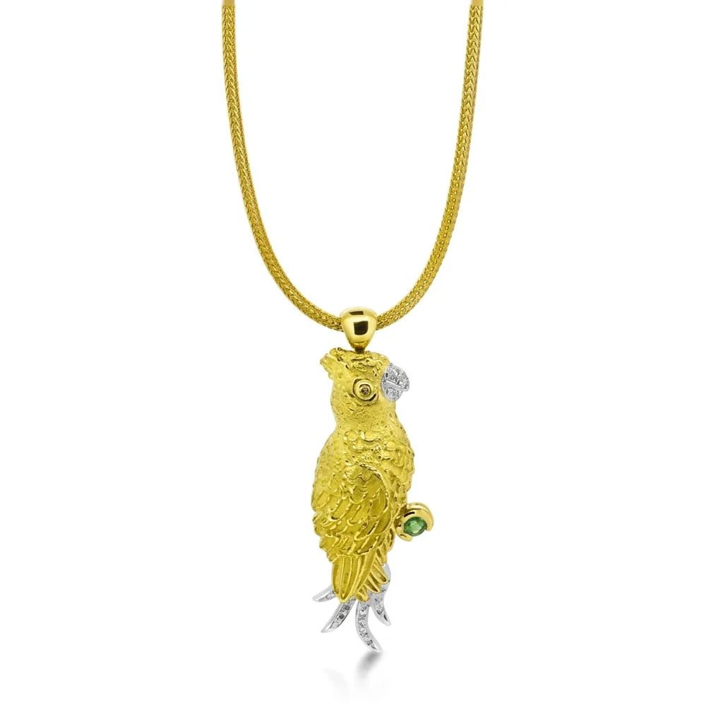 Parrot Sculpture Pendant in 18ct Yellow Gold with Cog & Diamonds