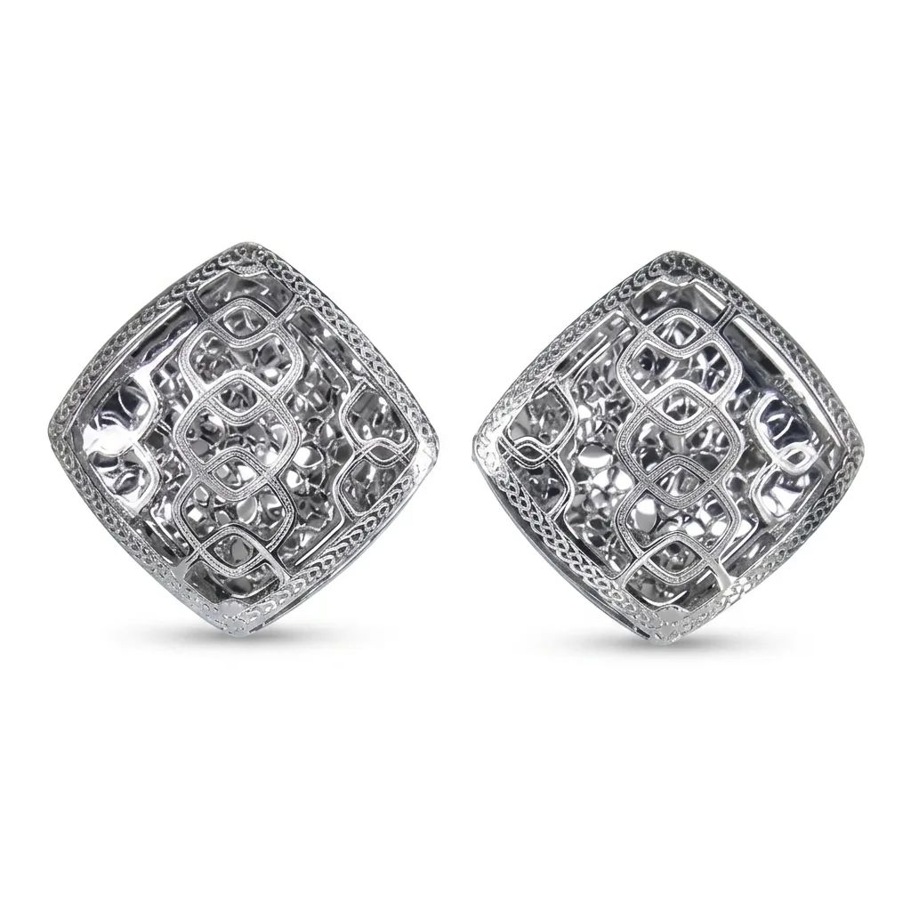 Diamond Shape Laser Patterned Clip Earrings in 18k White Gold