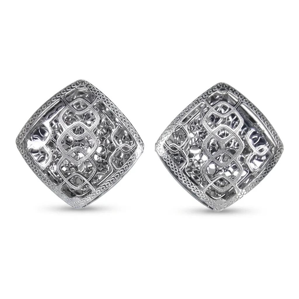 Diamond Shape Laser Patterned Clip Earrings in 18k White Gold