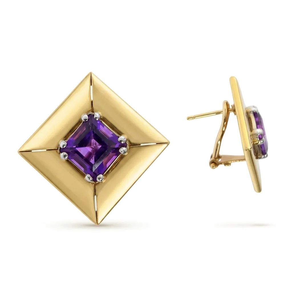 Amethyst & Diamond Clip Earrings in 18ct Yellow Gold