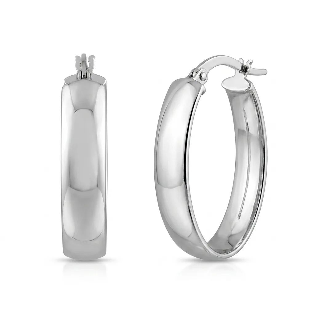 Flat Oval Long Hoop Earrings in 18ct White Gold
