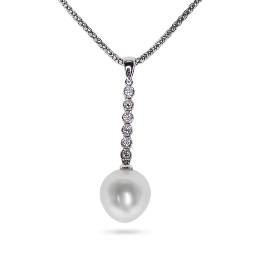 Long Bezel Pendant in 18ct White Gold with Broome Pearl & Diamonds