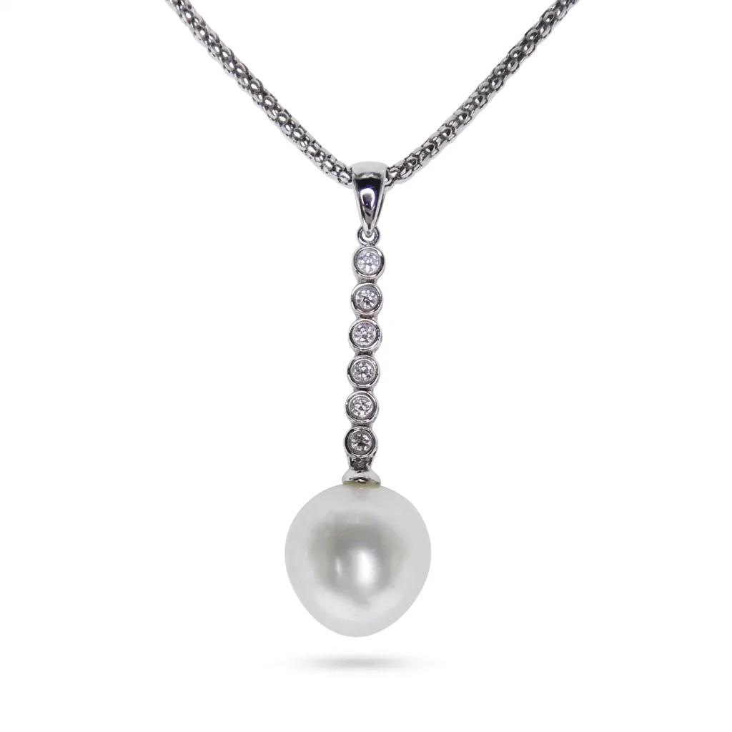 Long Bezel Pendant in 18ct White Gold with Broome Pearl & Diamonds
