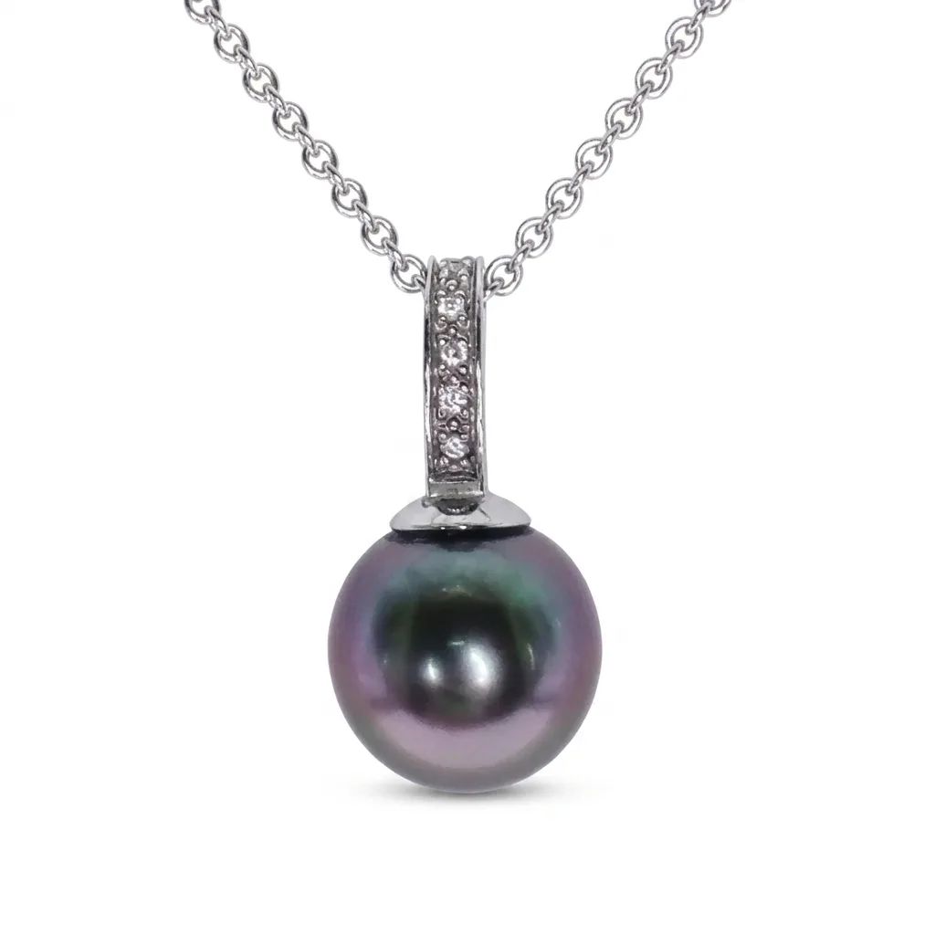 Tahitian Pearl & Diamond Bale Pendant in 18ct White Gold