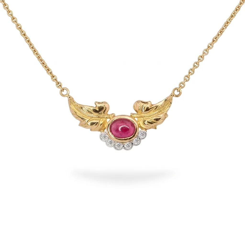 Leaf Sculpture Pendant with Cabochon Ruby & Diamonds in 18ct Two Tone Gold