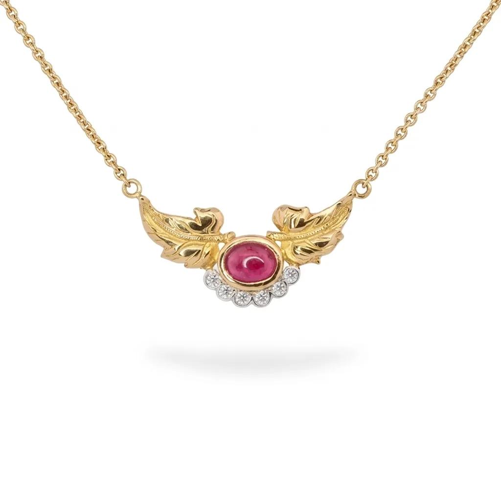 Leaf Sculpture Pendant with Cabochon Ruby & Diamonds in 18ct Two Tone Gold