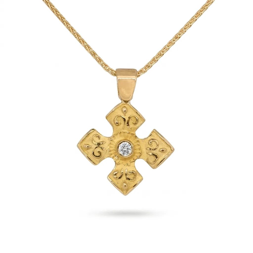 Etruscan Cross Sculpture Pendant, Carved in 18ct Yellow Gold
