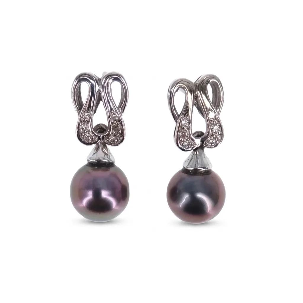 Japanese Dyed Pearl & Diamond Swirl Drop Earrings in 18ct White Gold