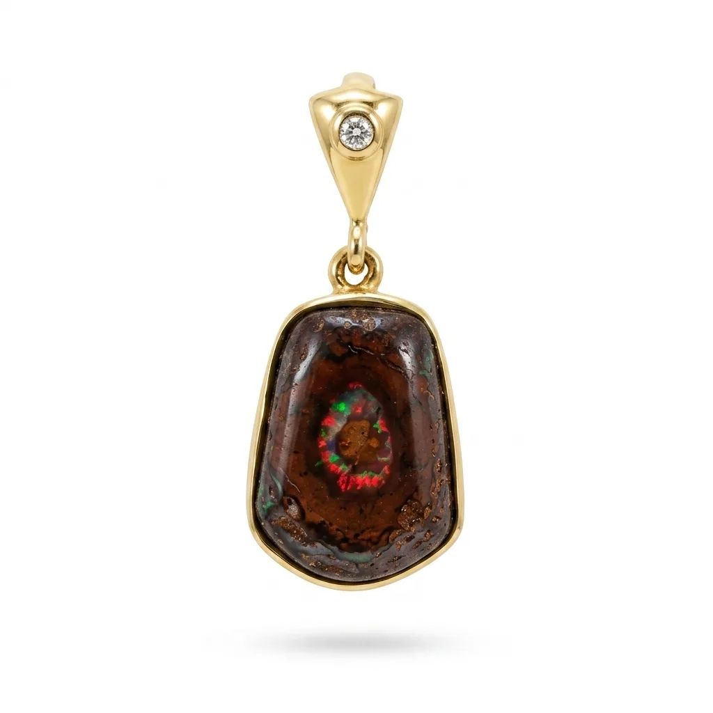 Boulder Opal & Diamond Pendant in 18ct Yellow Gold, Size