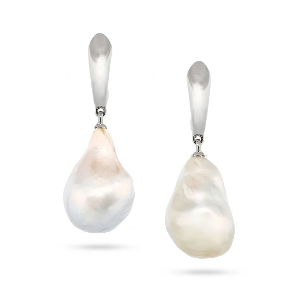 Baroque White Pearl Drop Huggie Earrings in 18ct White Gold
