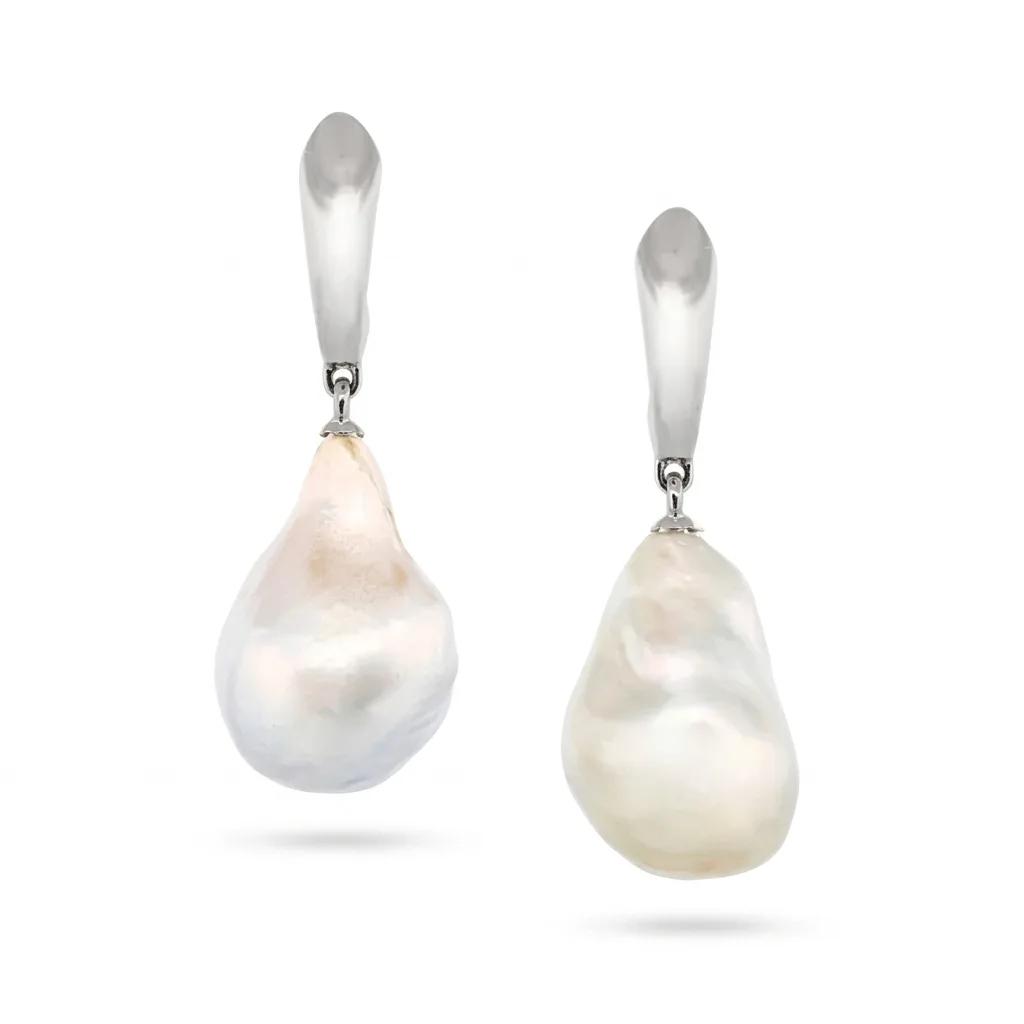 Baroque White Pearl Drop Huggie Earrings in 18ct White Gold