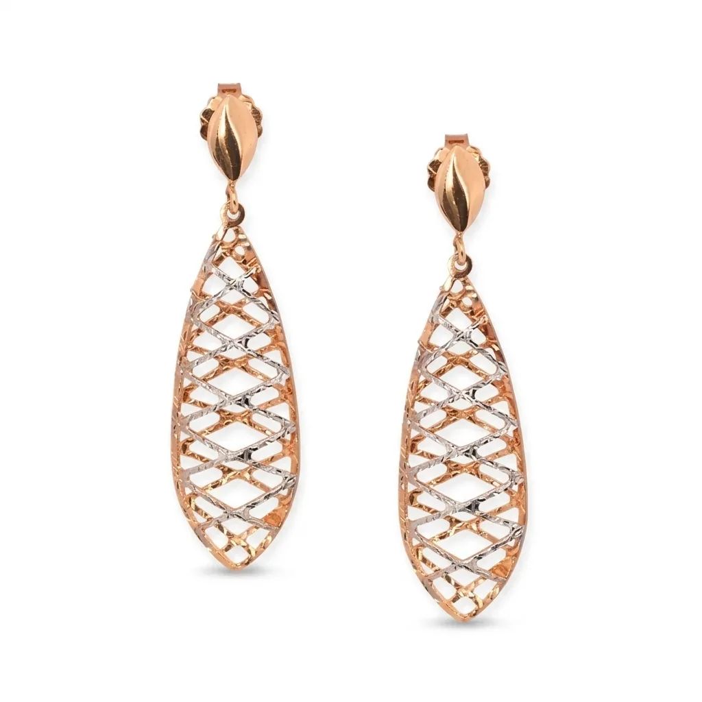 Textured Cross Over Openwork Drop Earrings in 18ct Two Tone Gold