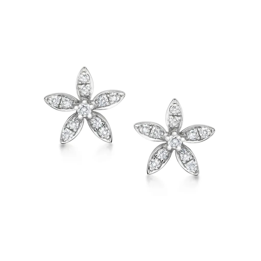 Round & Marquise Diamond Petal Stud Earrings in 18ct White Gold