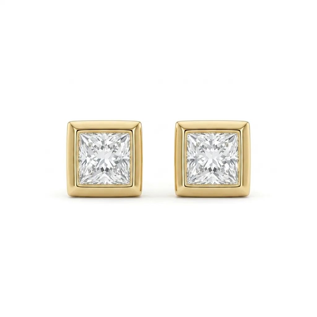 Bezel Princess Cut Diamond Stud Earrings in 18ct Yellow Gold