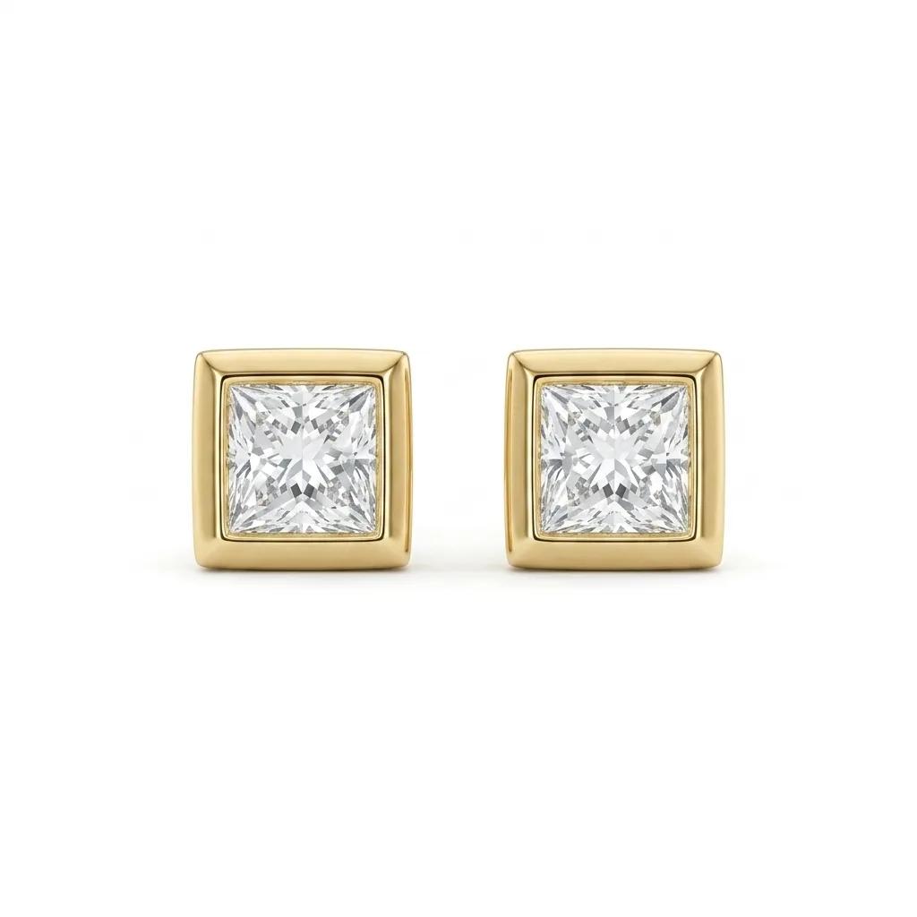 Bezel Princess Cut Diamond Stud Earrings in 18ct Yellow Gold