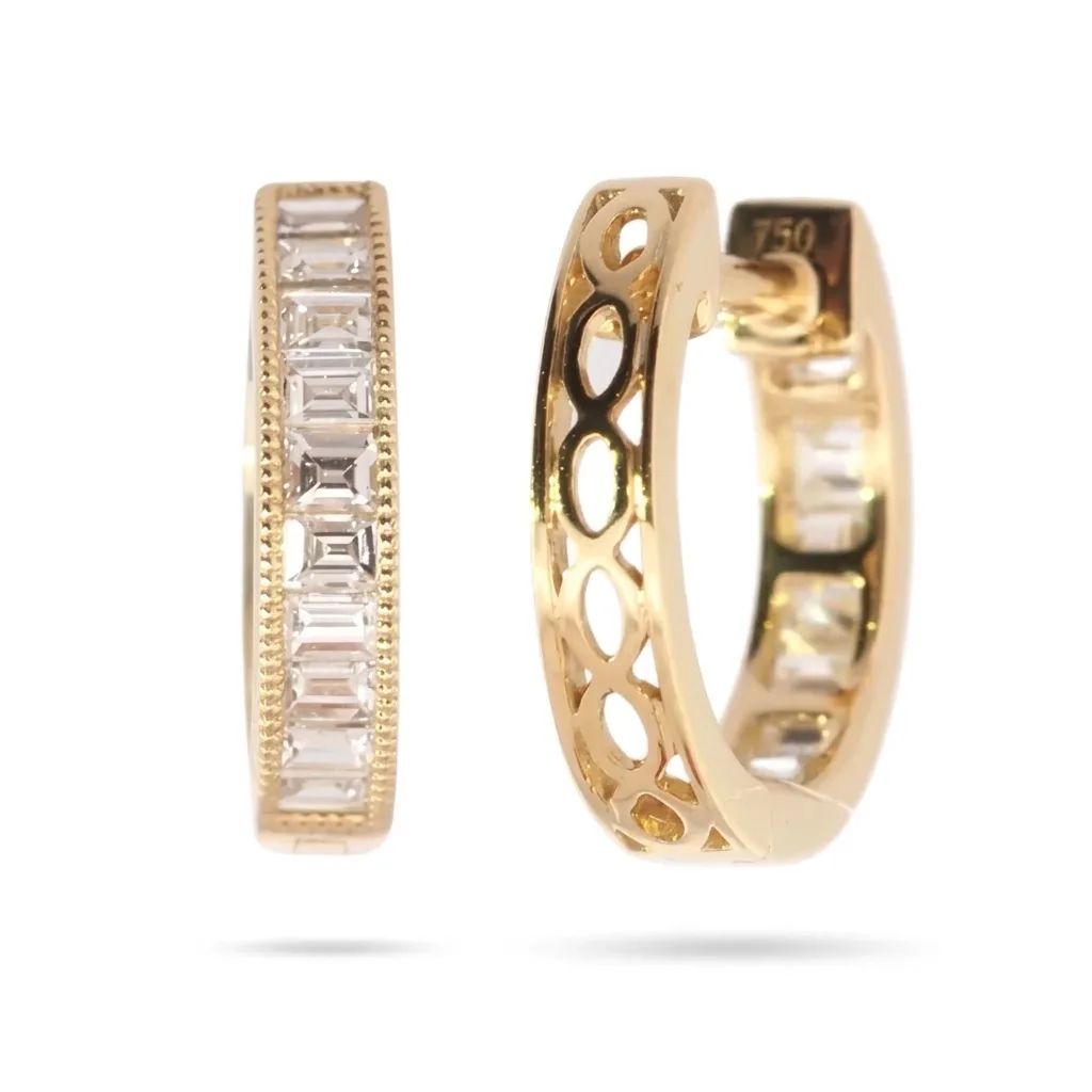 Huggie Earrings with Carved Clip and Baguette Diamonds in 18ct Yellow Gold