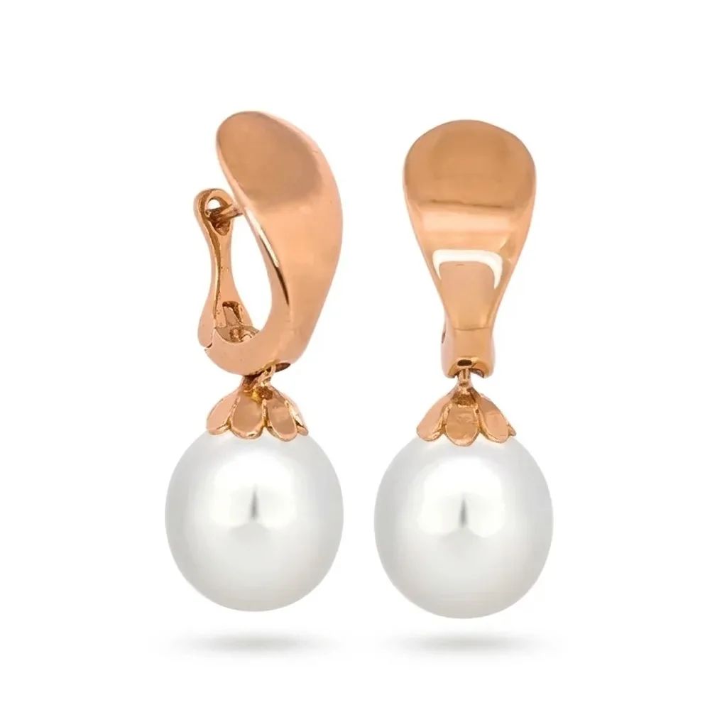 Broome Pearl Drop Huggie Earrings in 18ct Rose Gold, Floral Cups