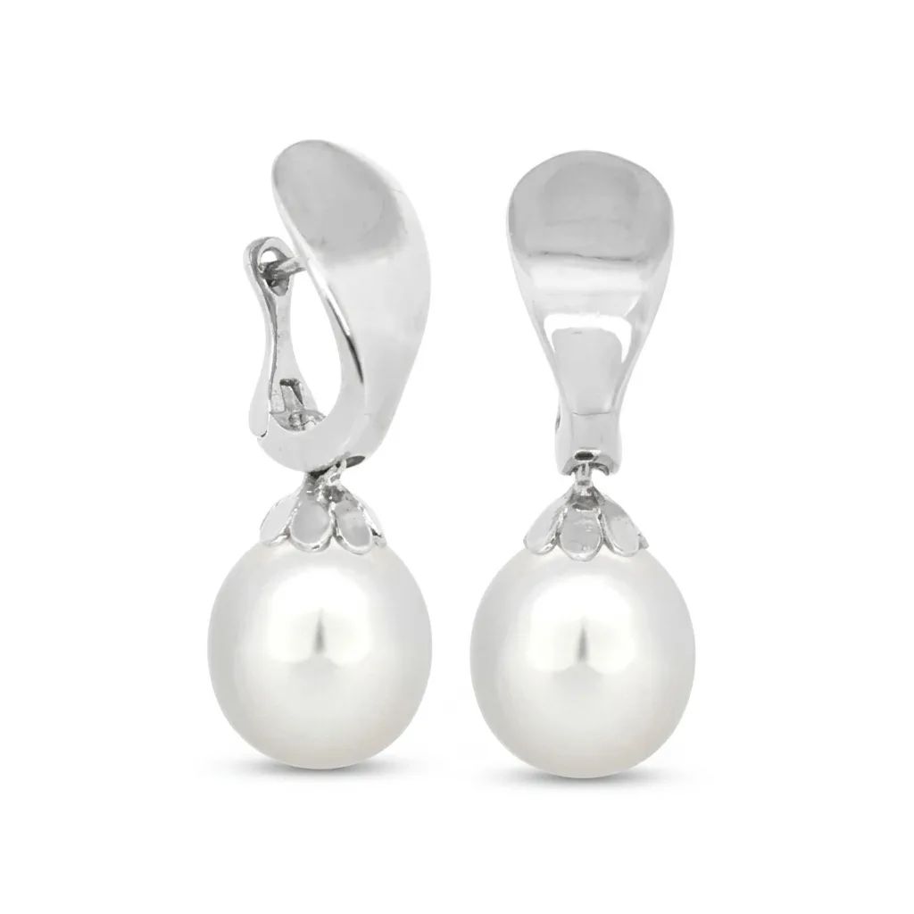 Broome Pearl Drop Huggie Earrings in 18ct White Gold, Floral Cups