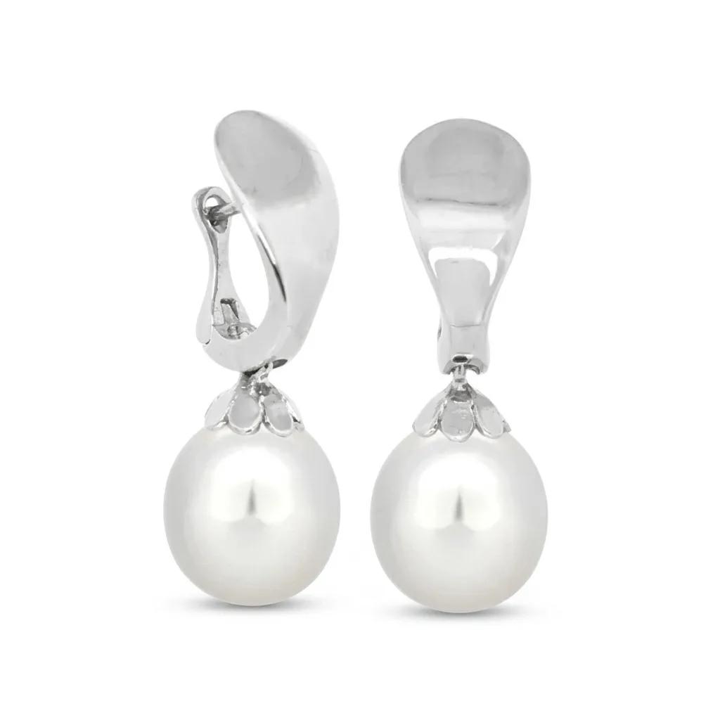 Broome Pearl Drop Huggie Earrings in 18ct White Gold, Floral Cups