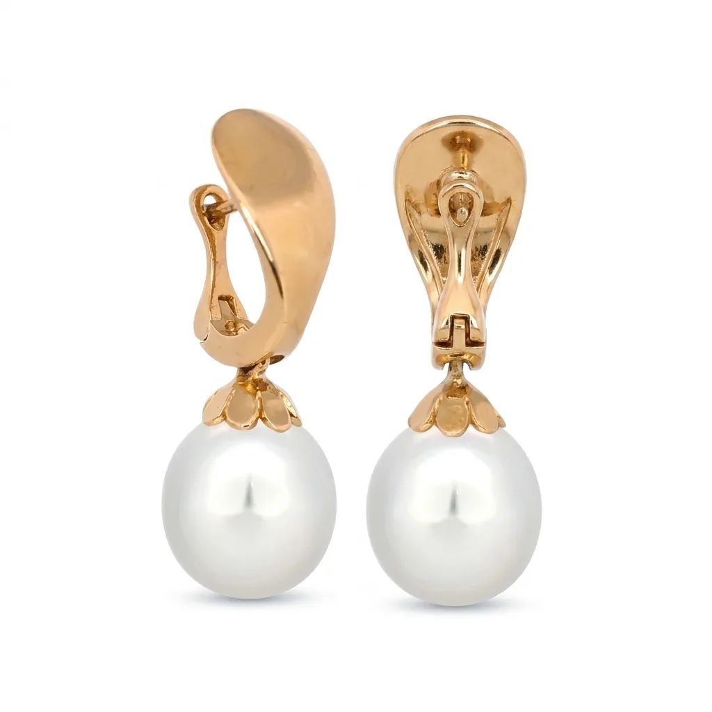 Broome Pearl Drop Huggie Earrings in 18ct Yellow Gold, Floral Cups