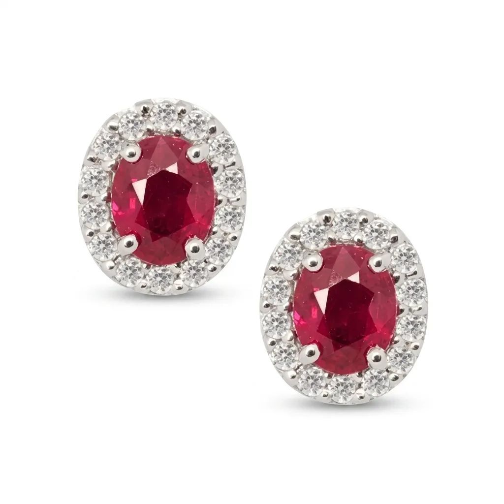Oval Ruby & Diamond Halo Stud Earrings in 18ct White Gold