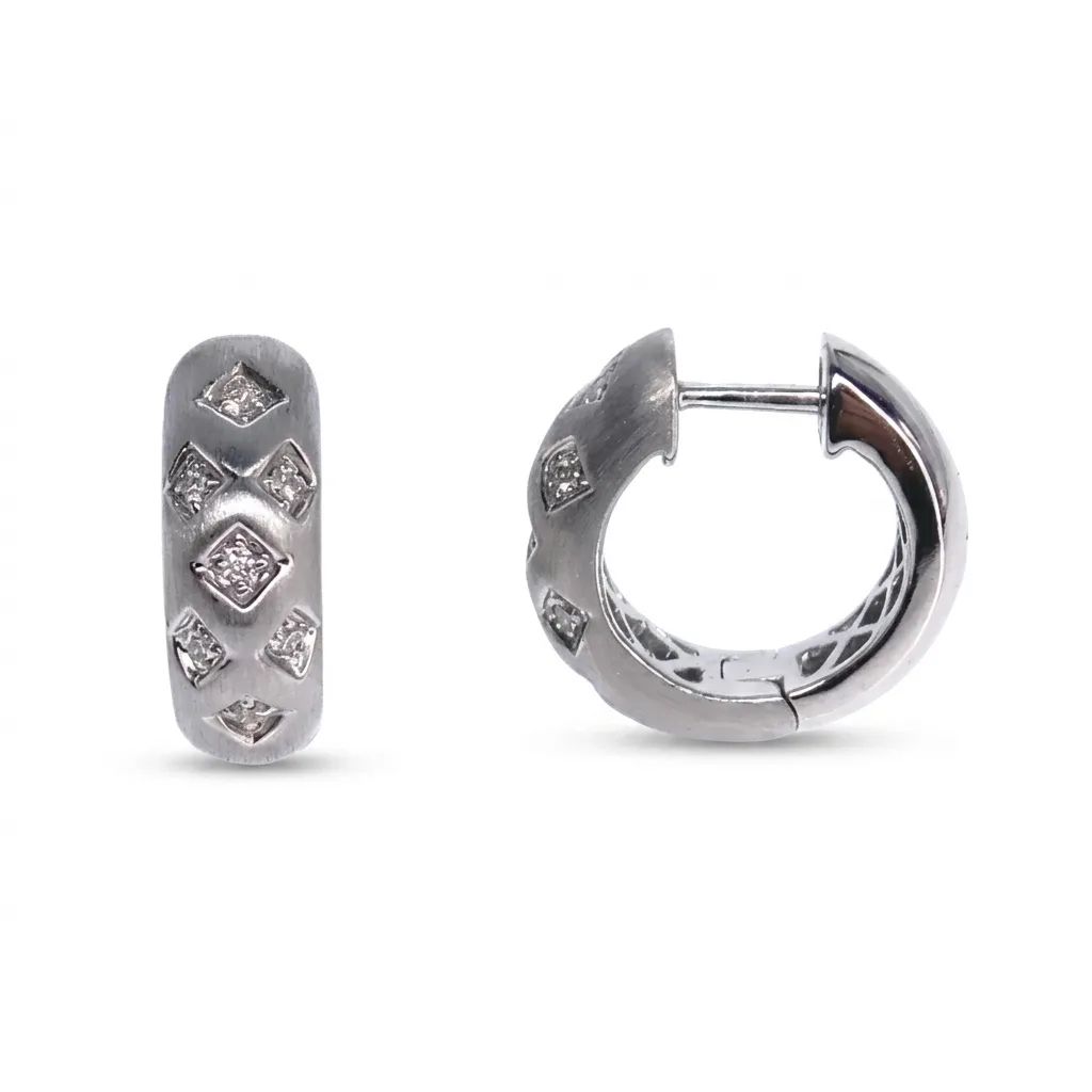 Satin Finish Pave Diamond Huggie Earrings in 18ct White Gold