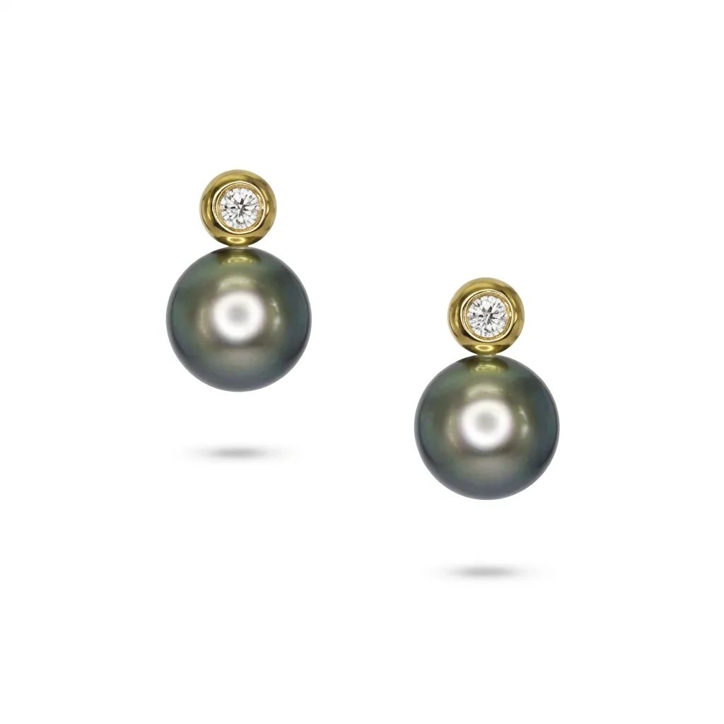 Bezel-Set Australian South Sea Pearl & Diamond Stud Earrings in 18ct Yellow Gold