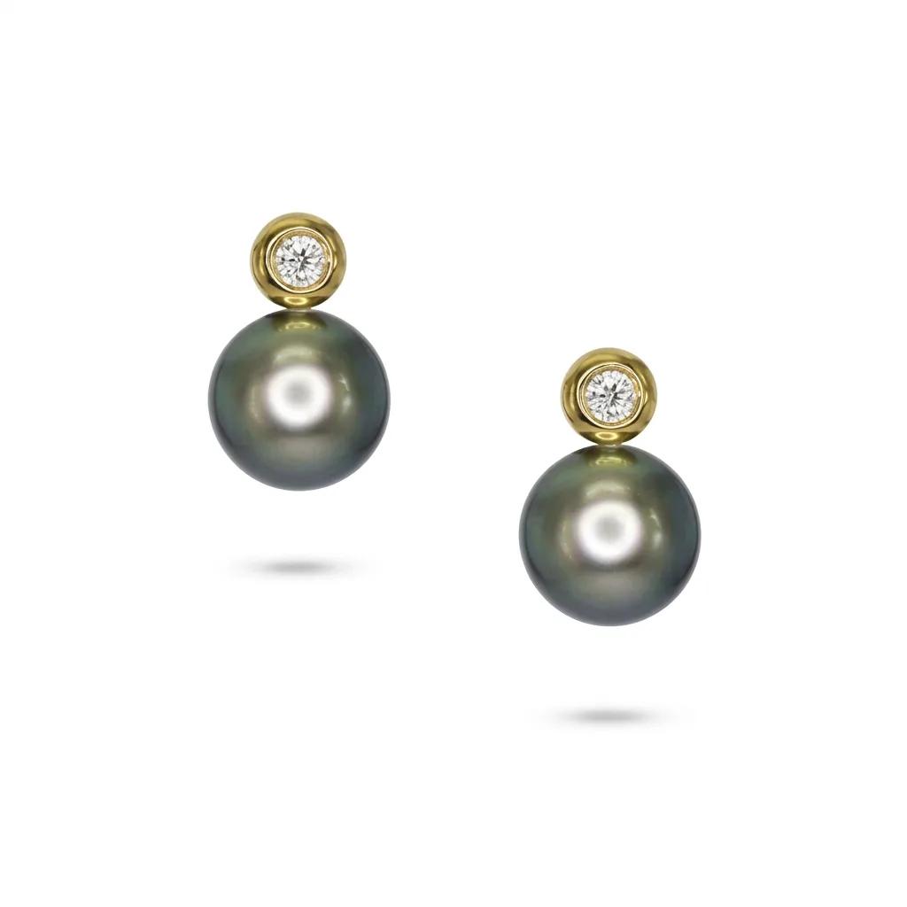 Bezel-Set Australian South Sea Pearl & Diamond Stud Earrings in 18ct Yellow Gold