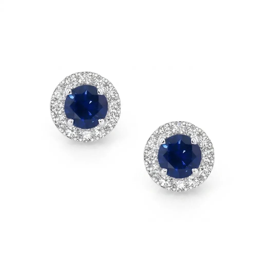 Round Cut Blue Ceylon Sapphire & Diamond Halos Stud Earrings in 950 Platinum