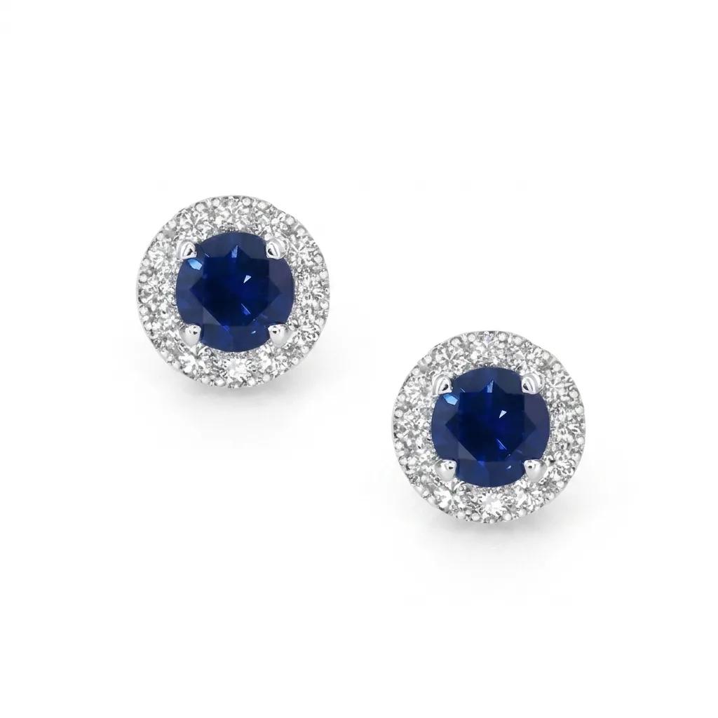 Round Cut Blue Ceylon Sapphire & Diamond Halos Stud Earrings in 950 Platinum