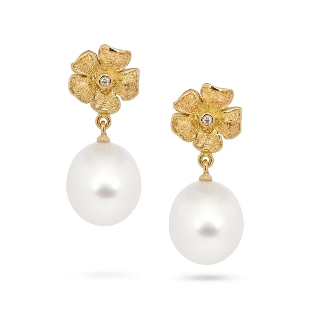 Sculpture Flower Drop Earrings in 18ct Yellow Gold, Broome Pearl
