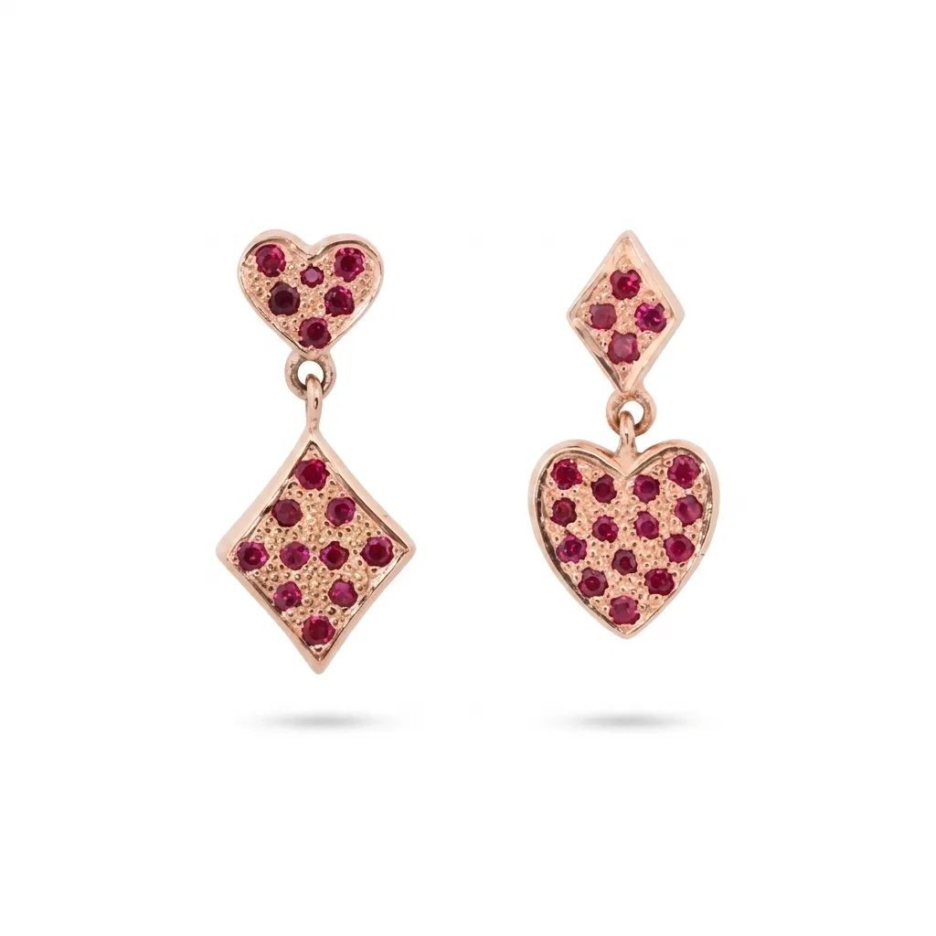 Ace Heart & Ruby & Diamond Stud Drop Earrings in 18ct Rose Gold
