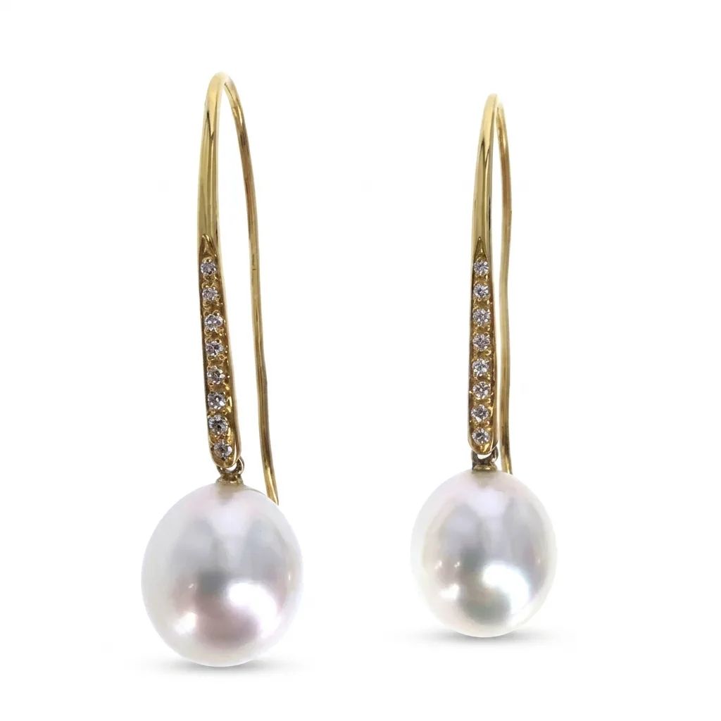 Oval Long Hook Earrings in 18ct Yellow Gold with Broome Pearl & Diamonds