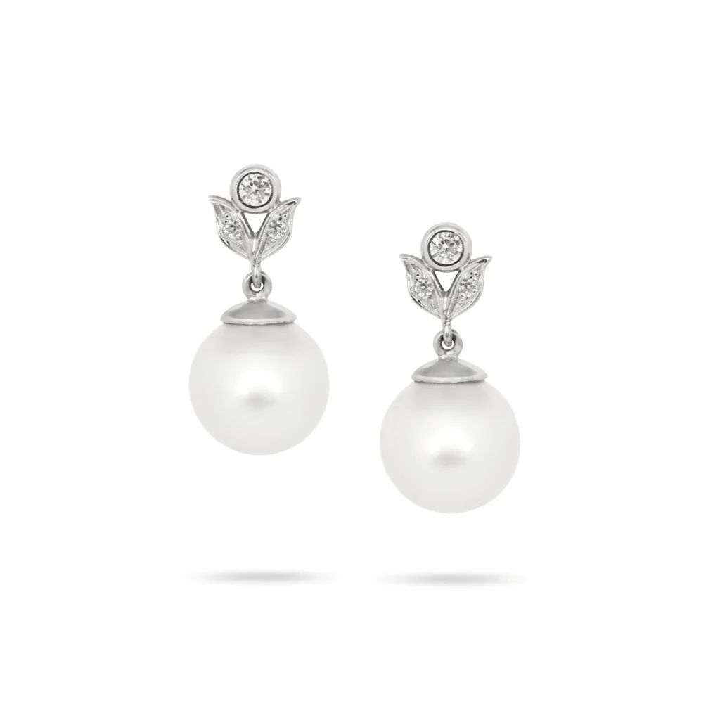Leaf Drop Pearl Earrings in 18ct White Gold