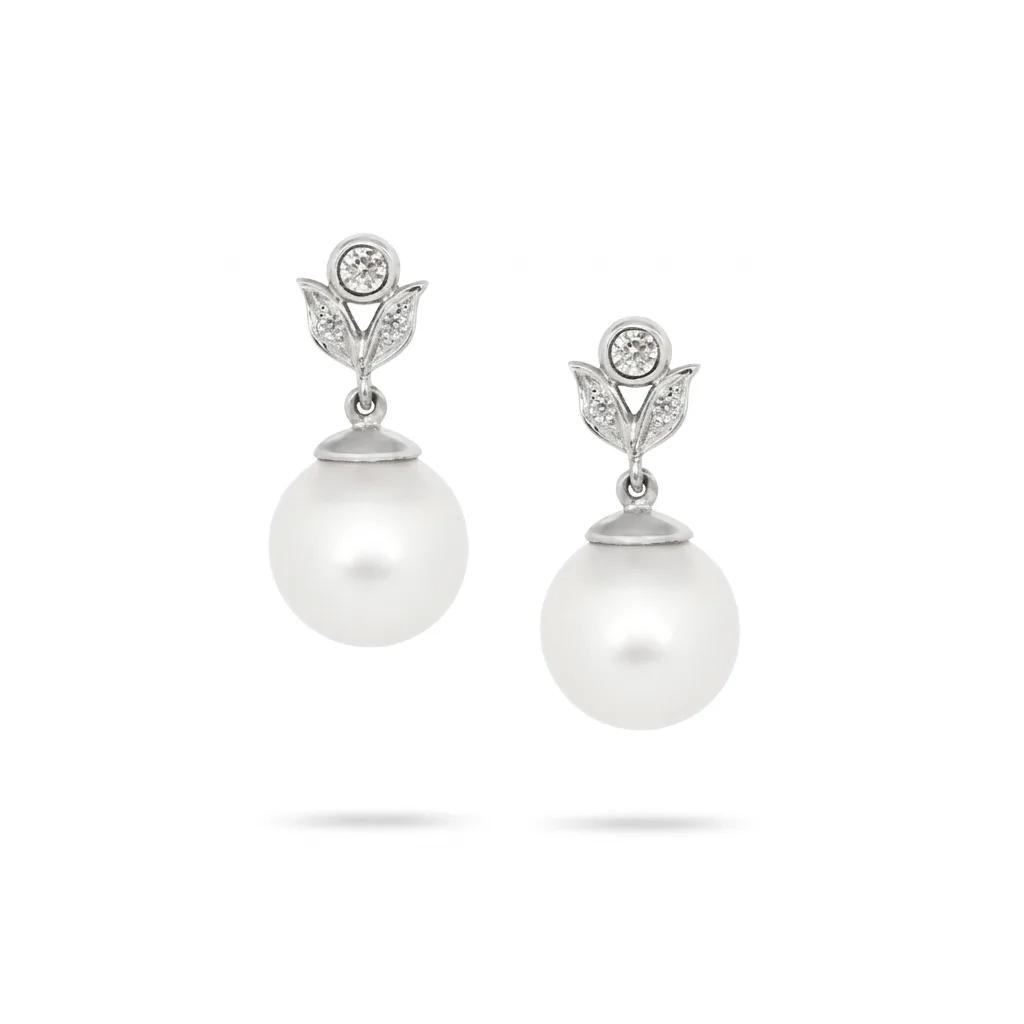 Leaf Drop Pearl Earrings in 18ct White Gold
