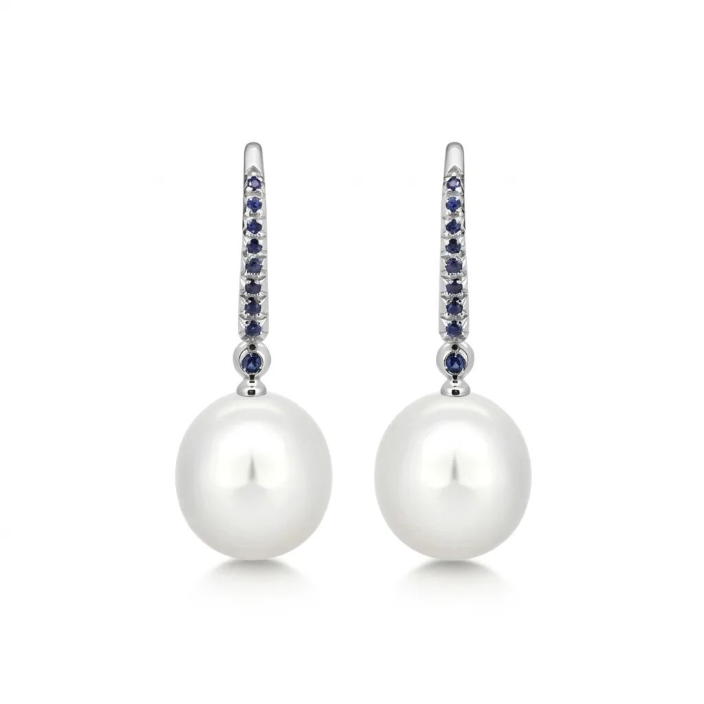 Oval Drop Earrings in 18ct White Gold with Sapphire, Broome Pearl & Diamonds