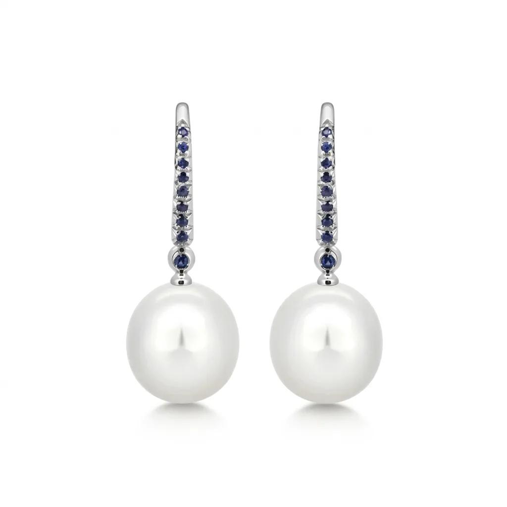 Oval Drop Earrings in 18ct White Gold with Sapphire, Broome Pearl & Diamonds