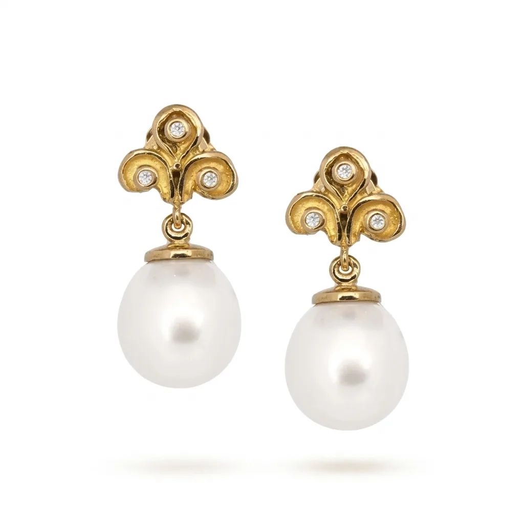 Sculpture Fleur-de-Lis Drop Earrings in 18ct Yellow Gold, Broome Pearl
