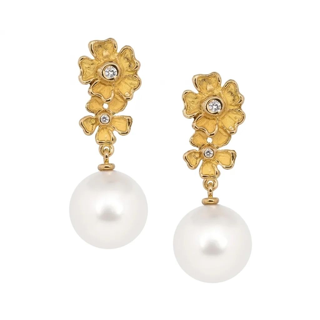 Sculpture Flower Drop Earrings in 18ct Yellow Gold with Broome Pearls