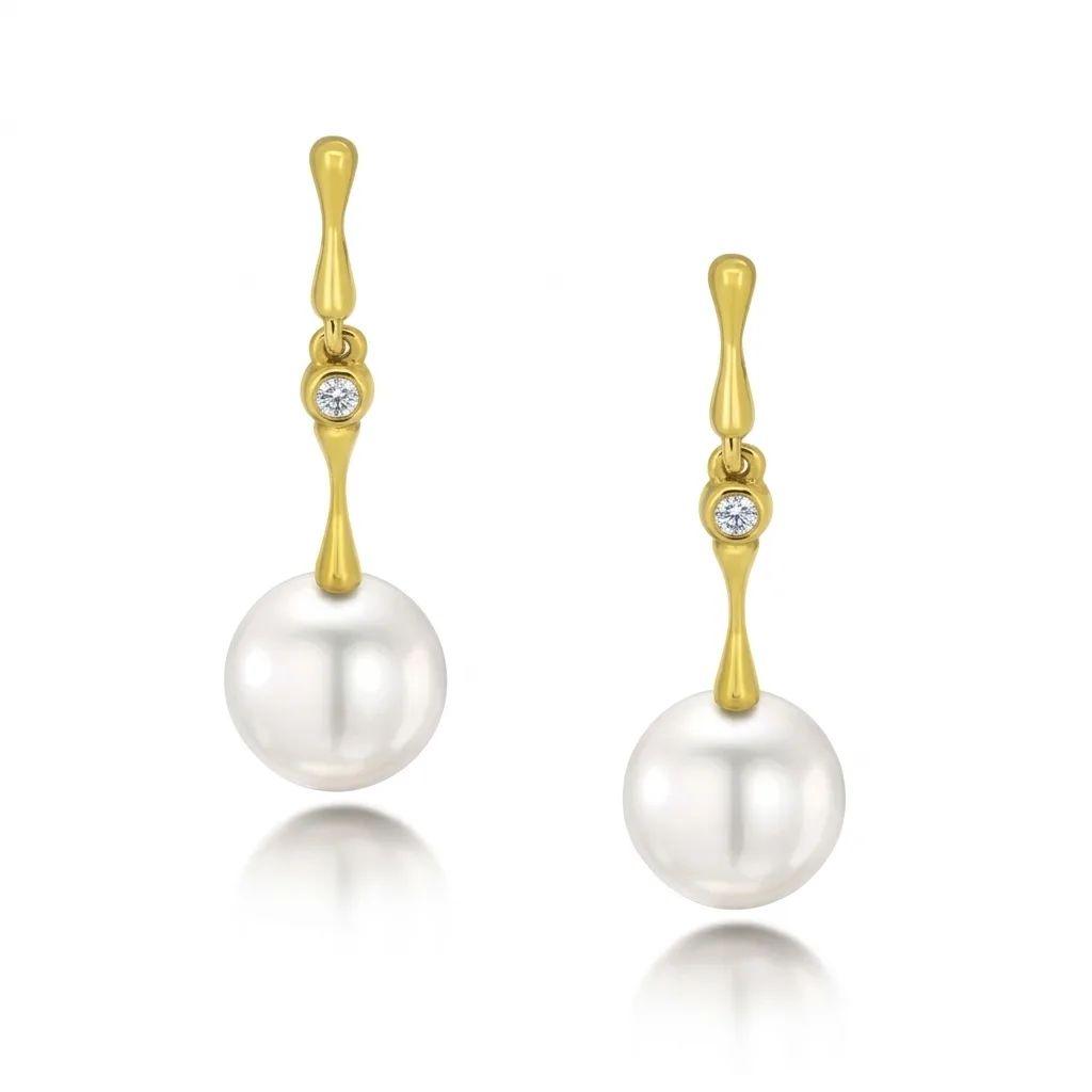 Broome Pearl & Diamond Bone Drop Earrings in 18ct Yellow Gold