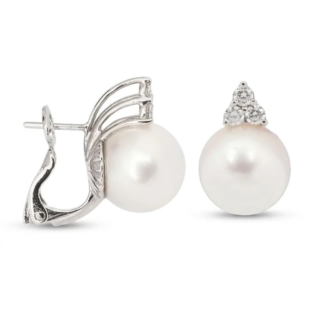 Broome Pearl & Diamond Stud Earrings Clip in 18ct White Gold