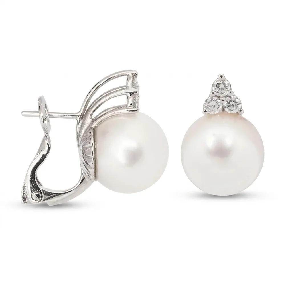 Broome Pearl & Diamond Stud Earrings Clip in 18ct White Gold