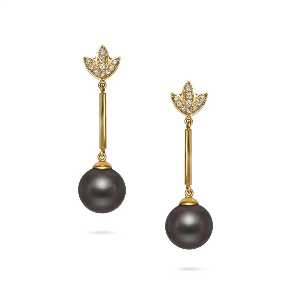 Broome Pearl & Diamond Leaf Bar Drop Stud Earrings in 18ct Yellow Gold