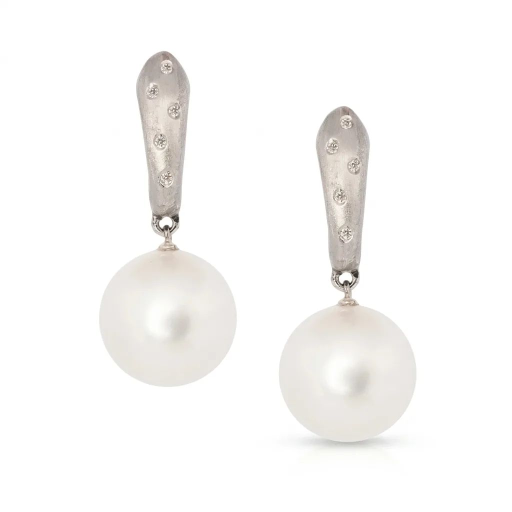 Satin Drop Earrings in 18ct White Gold with Broome Pearl & Diamonds
