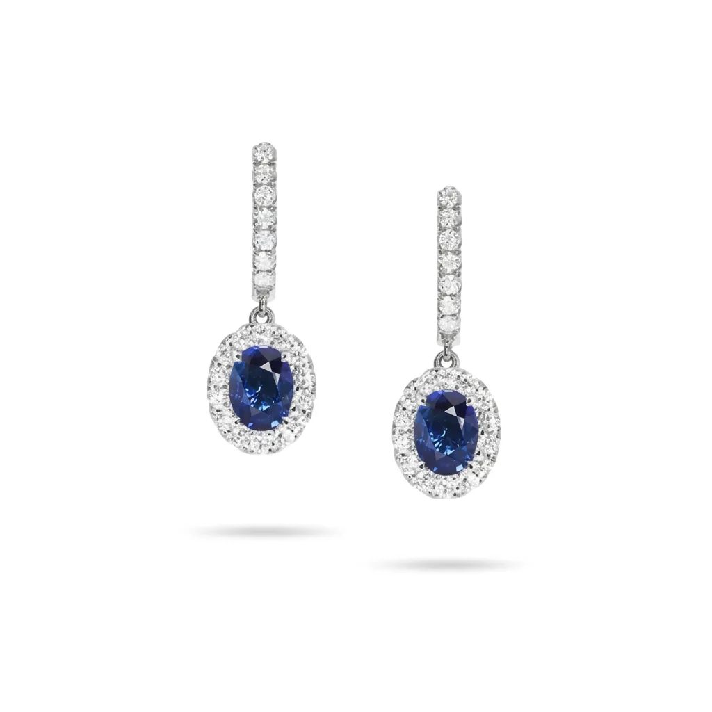 Blue Oval Drop Huggie Earrings in 950 Platinum