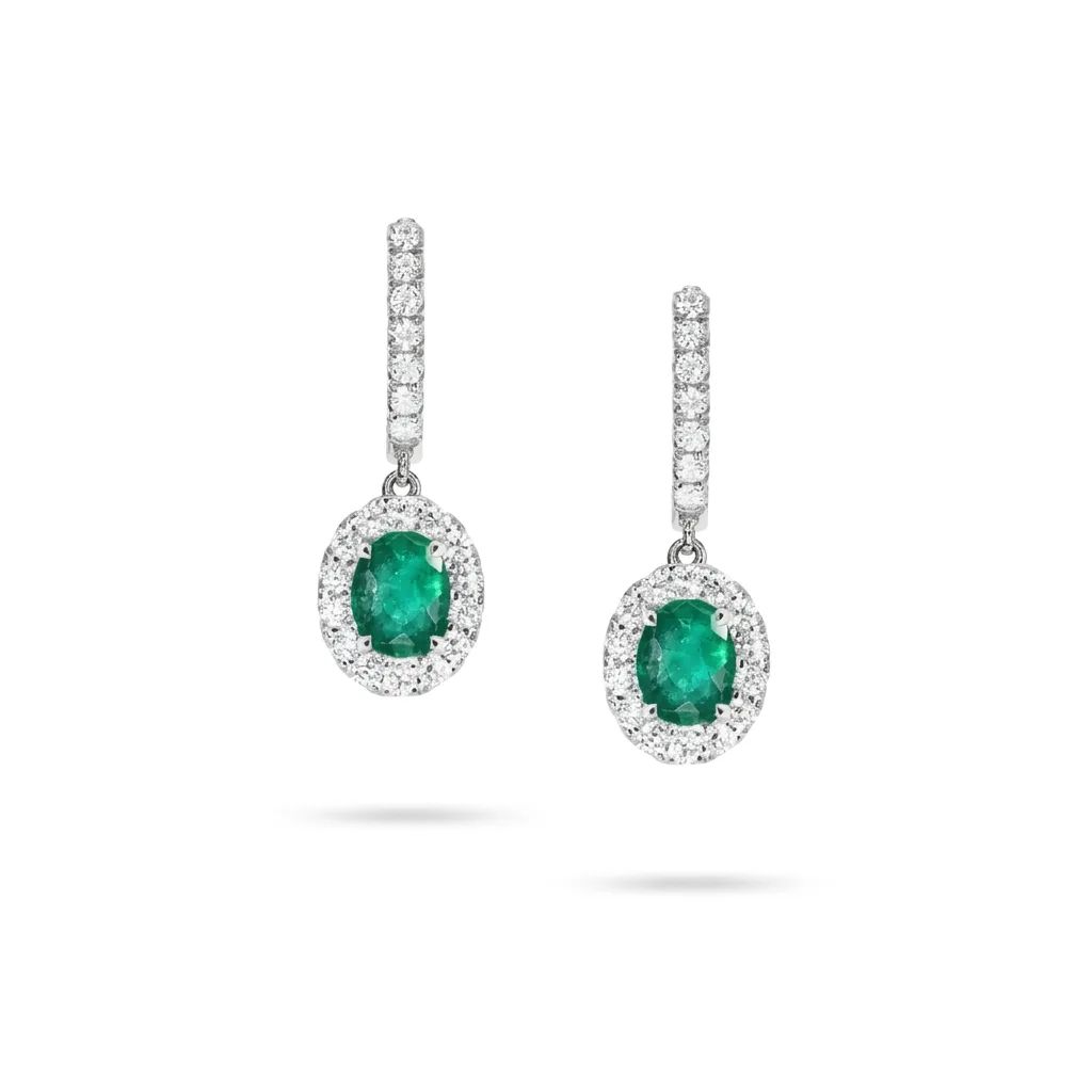 Oval Emerald & Diamond Drop Huggie Earrings in 950 Platinum