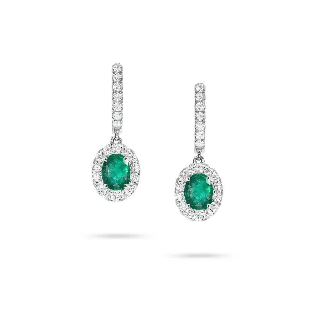 Oval Emerald & Diamond Drop Huggie Earrings in 950 Platinum
